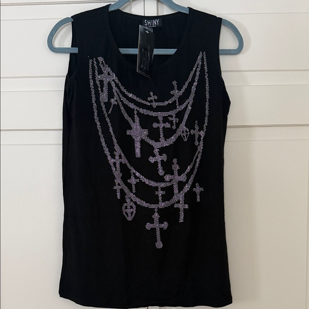 Shiny Black Tank Top with Silver Cross Design